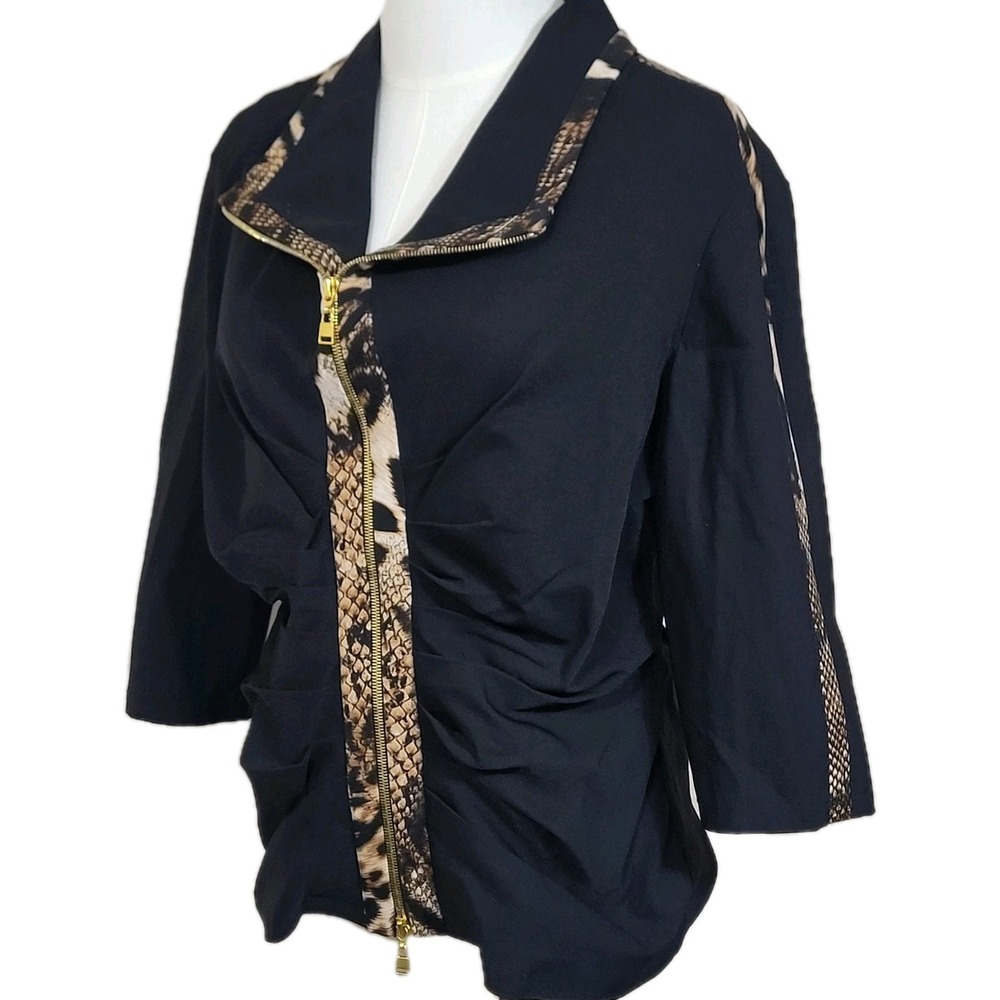 Joseph Ribkoff Jacket Womens 12 Black Animal Print Trim Zip Ruched 3/4 Sleeve